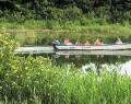 碧川下流を舟で往復しながらハマボウを観察する参加者たち＝曽原町で