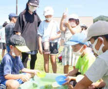一生懸命、メダカを捕まえる子供たち=飯南町横野の「めだかの学校」で